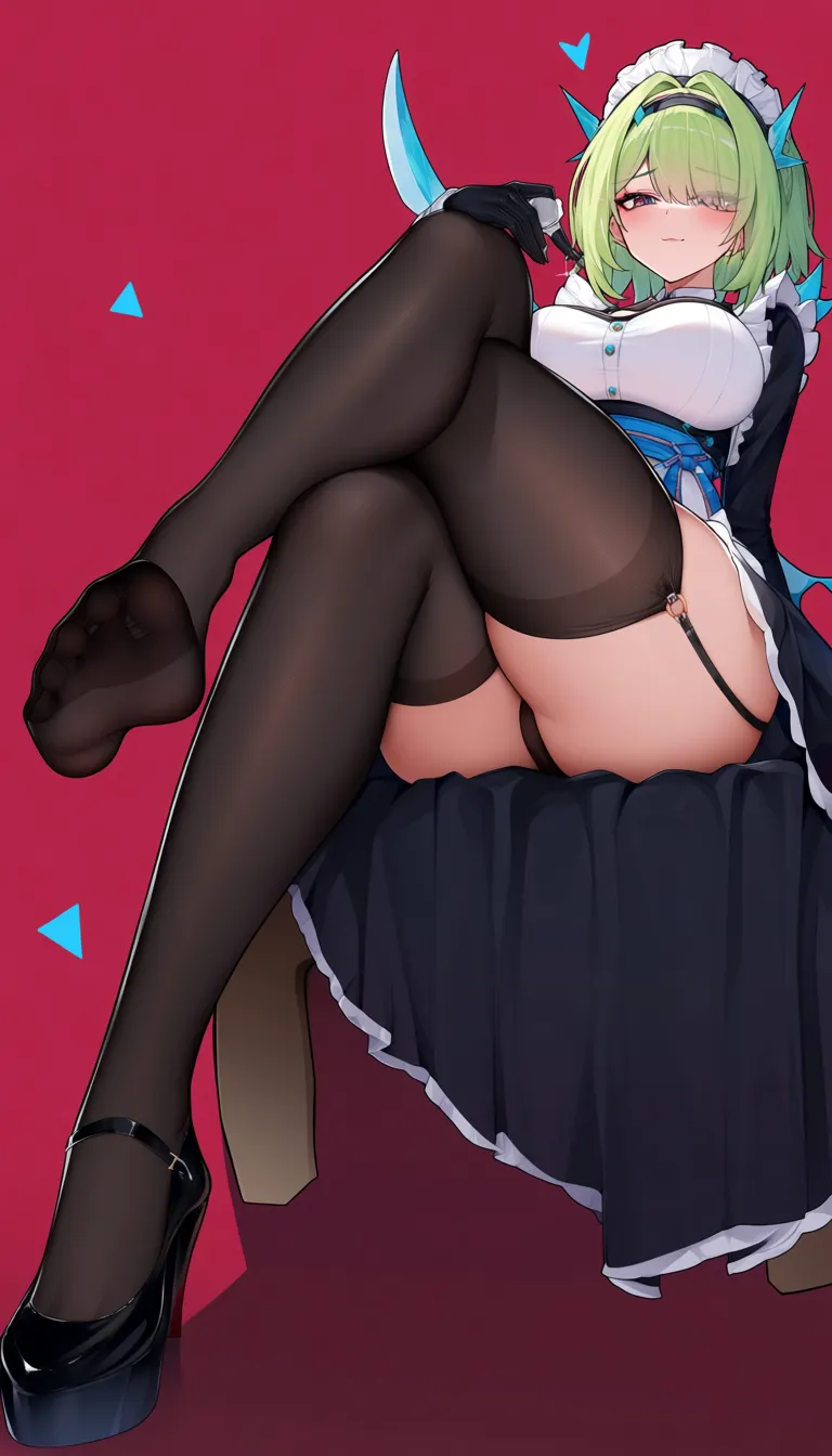 @ellen_joe #feet #black_thighhighs #gloves #skirt #maid #sitting_on_lap #handjob #cum_in_mouth /highres, hentai_studio_quality