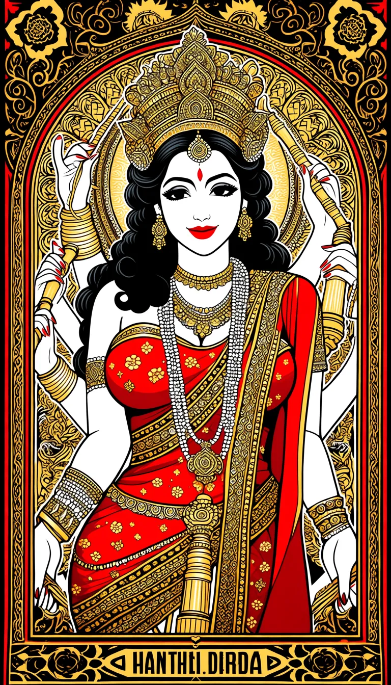 Beautiful, Maa Durga with multiple arms, Mother, Bengali Indian,  Wearing Hindu Goddess Crown, long black curly hair, mid part hairstyle, red lipstick, Big chest, Thick thighs and arms, thick pelvis, bridal Hindu attire, Saree and Blouse with intricate patterns, Adorned Heavily in Indian Ornaments, black eyes, POV Sex, Having sex with viewer, vaginal sex, devine radiance, Calm and Graceful Expression, confident smile with Erotic Expressions, flowers around in Symmetrical order, holding flowers, floral necklace, Hindu Folk Art