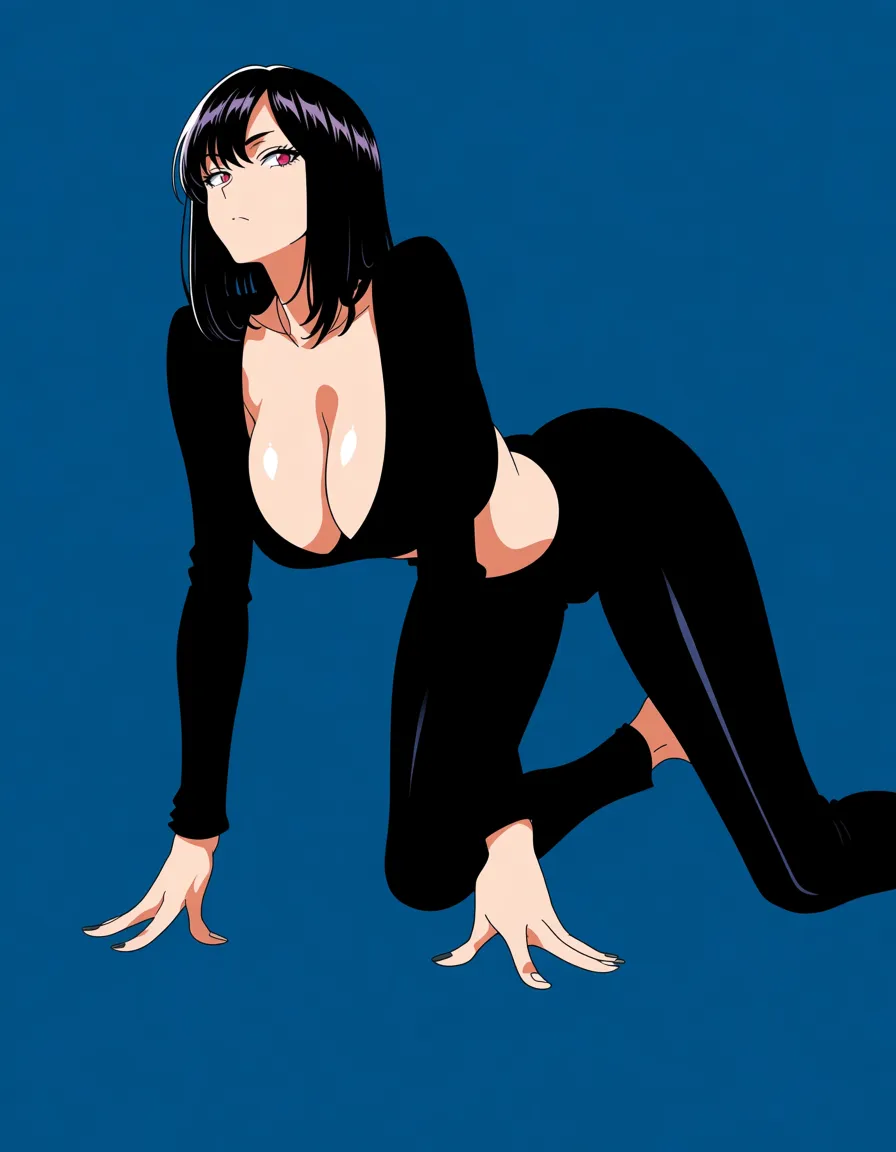 masterpiece, clean art, pants, on all fours, blue background, mysterious vibe, anime style, no_bra, nose_blush, hentai_studio_quality