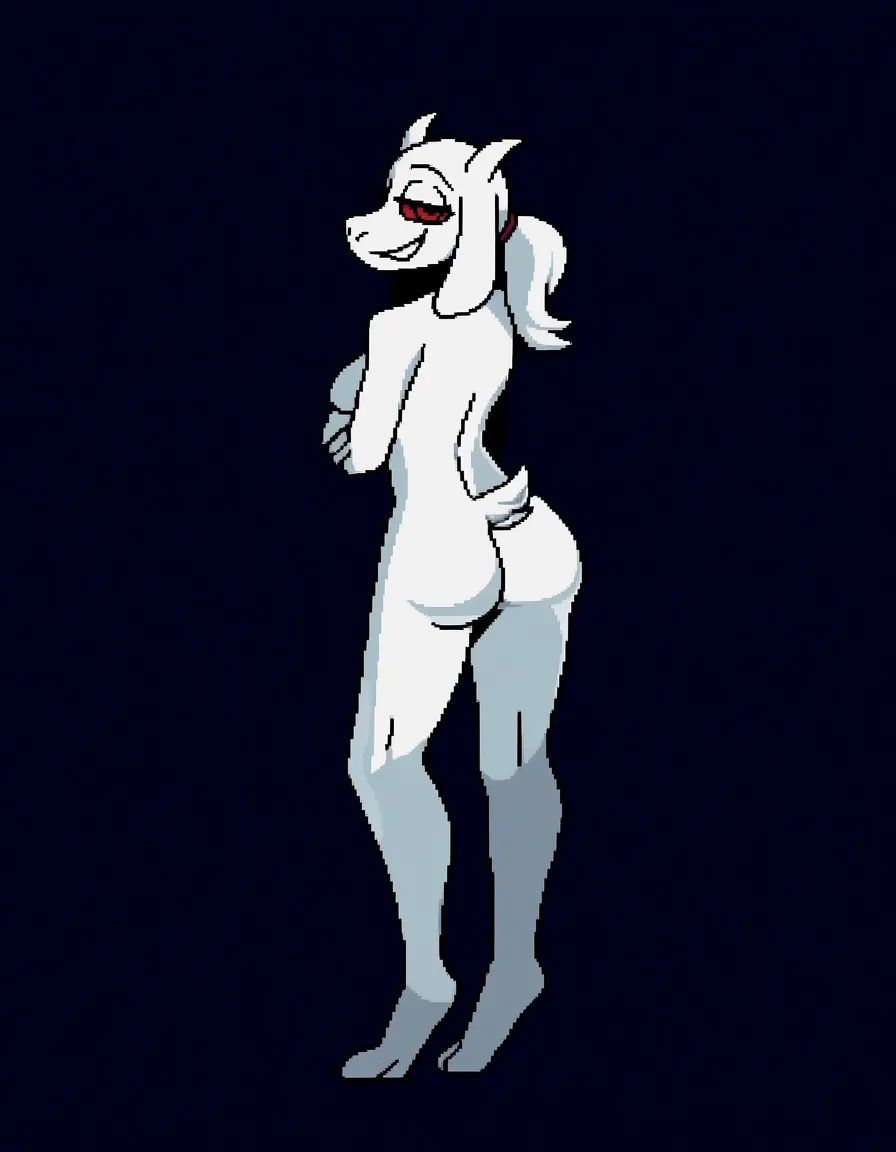 #akairiot_artstyle, @lucifer_(helltaker), helltaker, 1girl, solo, furry_female, goat_girl, ponytail, naughty_face, ass, nude, standing, full_body, looking_back, from_behind, hentai_studio_quality