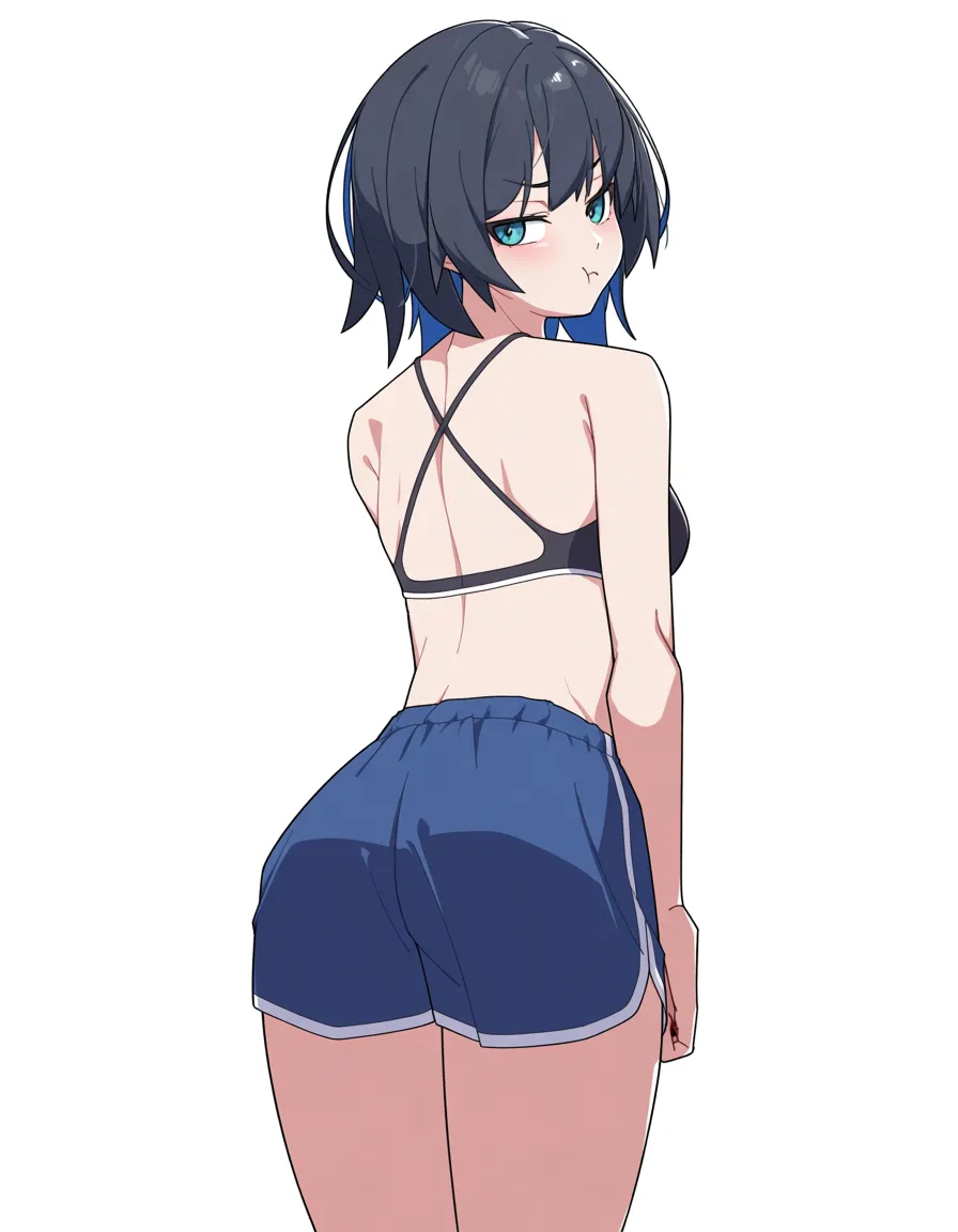 #komatsuzaki_rui_artstyle, @maizono_sayaka, 1girl, solo, pout, ass, dolphin_shorts, blue_shorts, standing, full_body, looking_back, from_behind, hentai_studio_quality