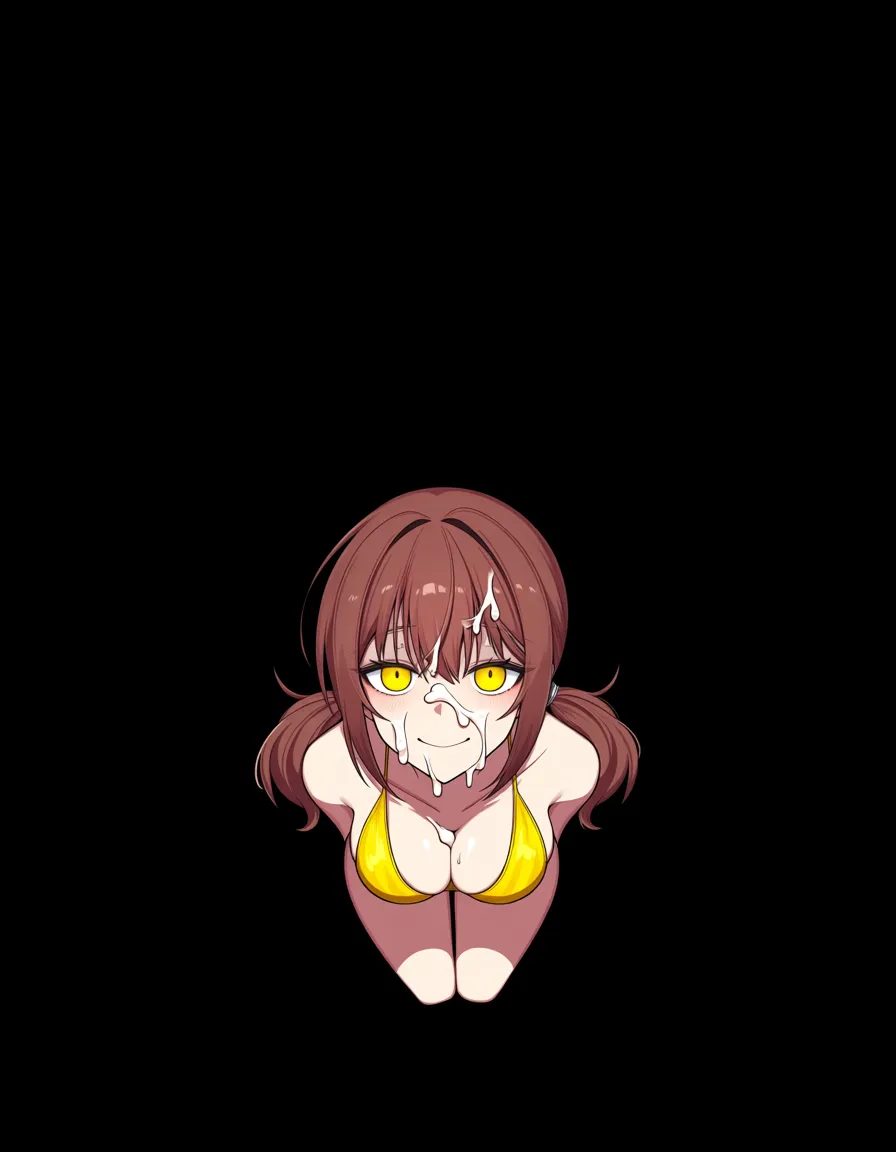 /masterpiece, /ultra_detailed, #akairiot_artstyle, @kujikawa_rise, @shadow_rise, persona, dark_persona, 1girl, solo, brown_hair, twintails, yellow_eyes, evil_smile, yellow_bikini, cum, facial, excessive_cum, used_condom, from_above, pov, hentai_studio_quality