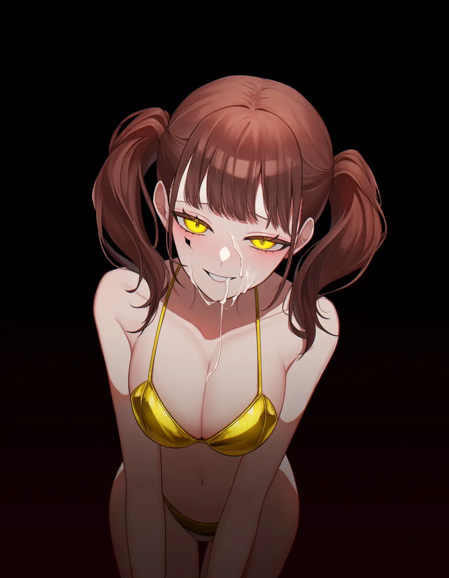/masterpiece, /ultra_detailed, #akairiot_artstyle, @kujikawa_rise, @shadow_rise, persona, dark_persona, 1girl, solo, brown_hair, twintails, yellow_eyes, evil_smile, yellow_bikini, cum, facial, used_condom, from_above, hentai_studio_quality