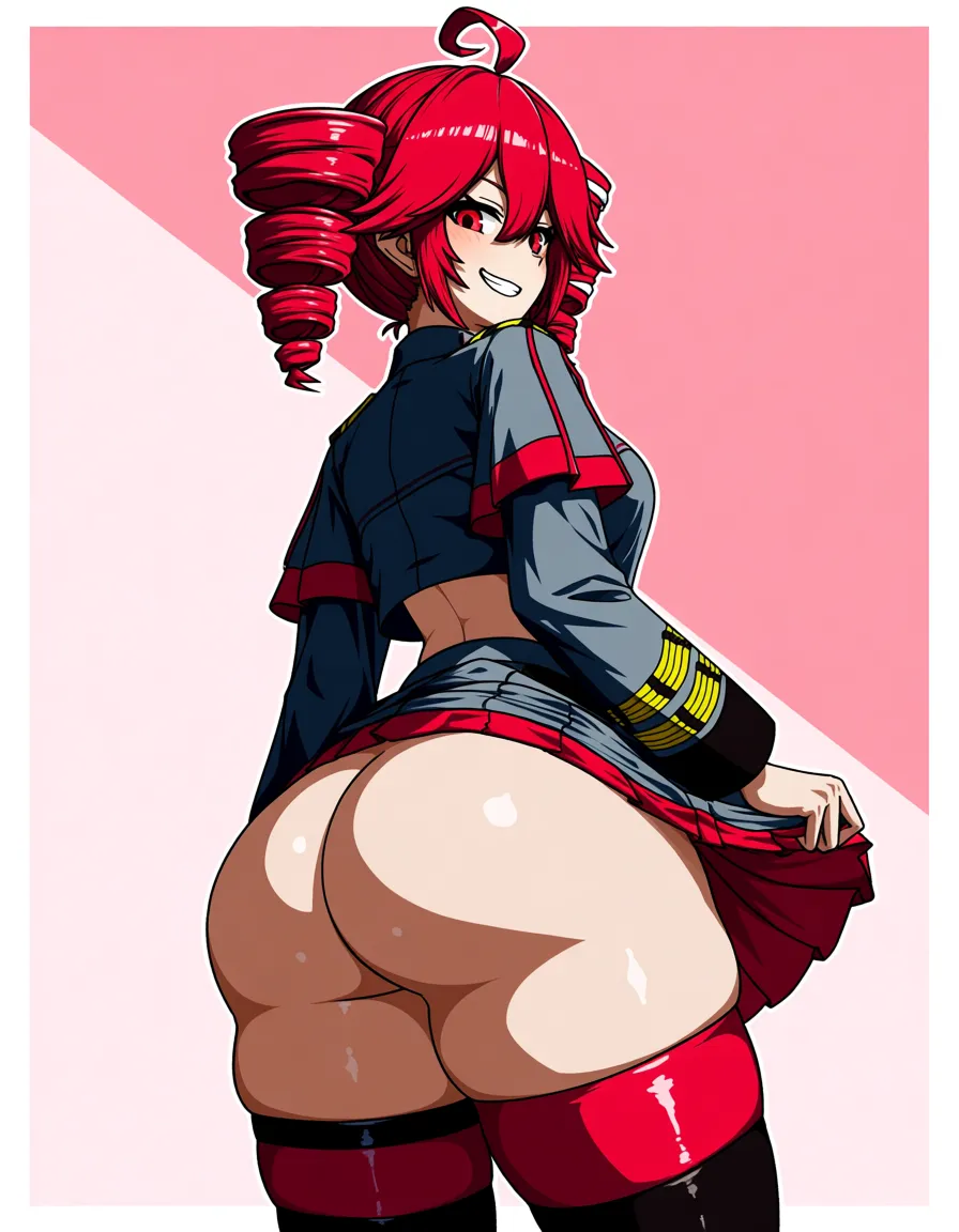 #akairiot_artstyle, @kasane_teto, vocaloid, 1girl, solo, red_hair, twin_drills, ahoge, red_eyes, medium_breasts, grin, full-face_blush, grey_jacket, grey_skirt, skirt_lift, ass, no_panties, standing, full_body, looking_back, from_behind, hentai_studio_quality