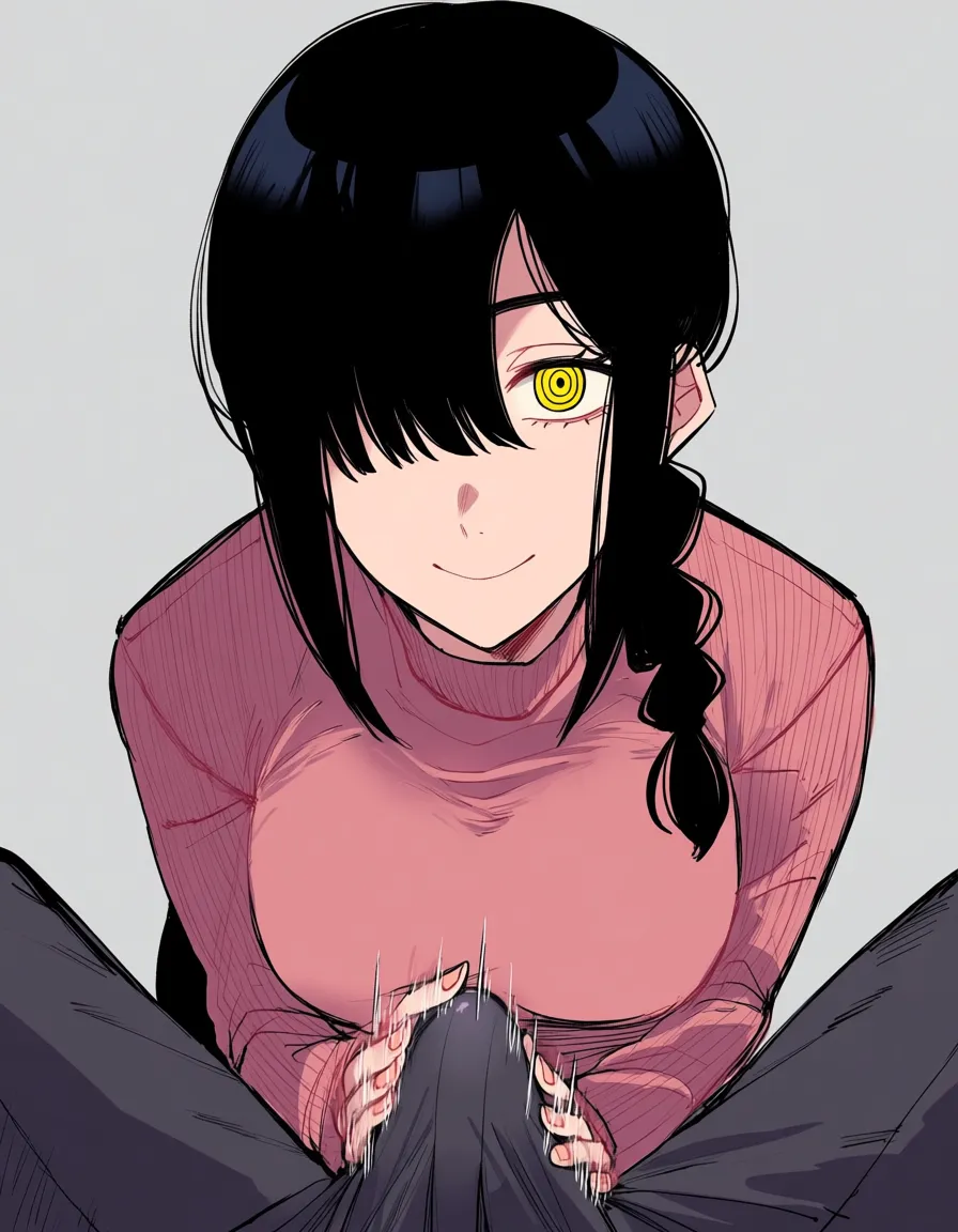 #akairiot_artstyle, @nayuta_(chainsaw_man), 1girl, solo, aged_up, black_hair, braided_ponytail, sidelocks, hair_over_shoulder, hair_over_one_eye, yellow_eyes, ringed_eyes, smile, medium_breasts, pink_turtleneck_sweater, handjob, erection, looking_at_viewer, pov, hentai_studio_quality