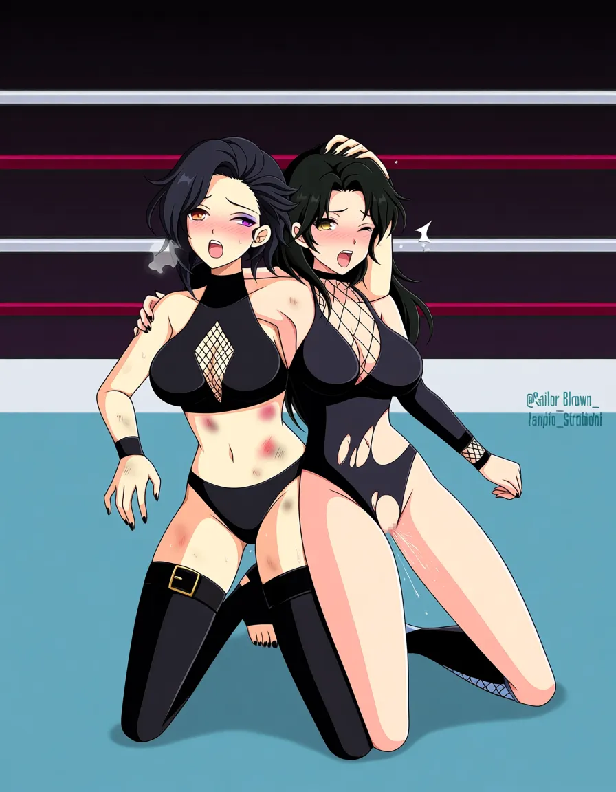 Cinder_fall_(rwby) , @sailor_jupiter_brown_hair  , 2girls yuri sex , wrestling_ring, wrestling orgasm pussy_juice, defeated, squirting , bruised, torn_clothes sweat from_side strap-on kneeling evil_smile grabbing_another's_head,,,, hentai_studio_quality, hentai_studio_quality, hentai_studio_quality