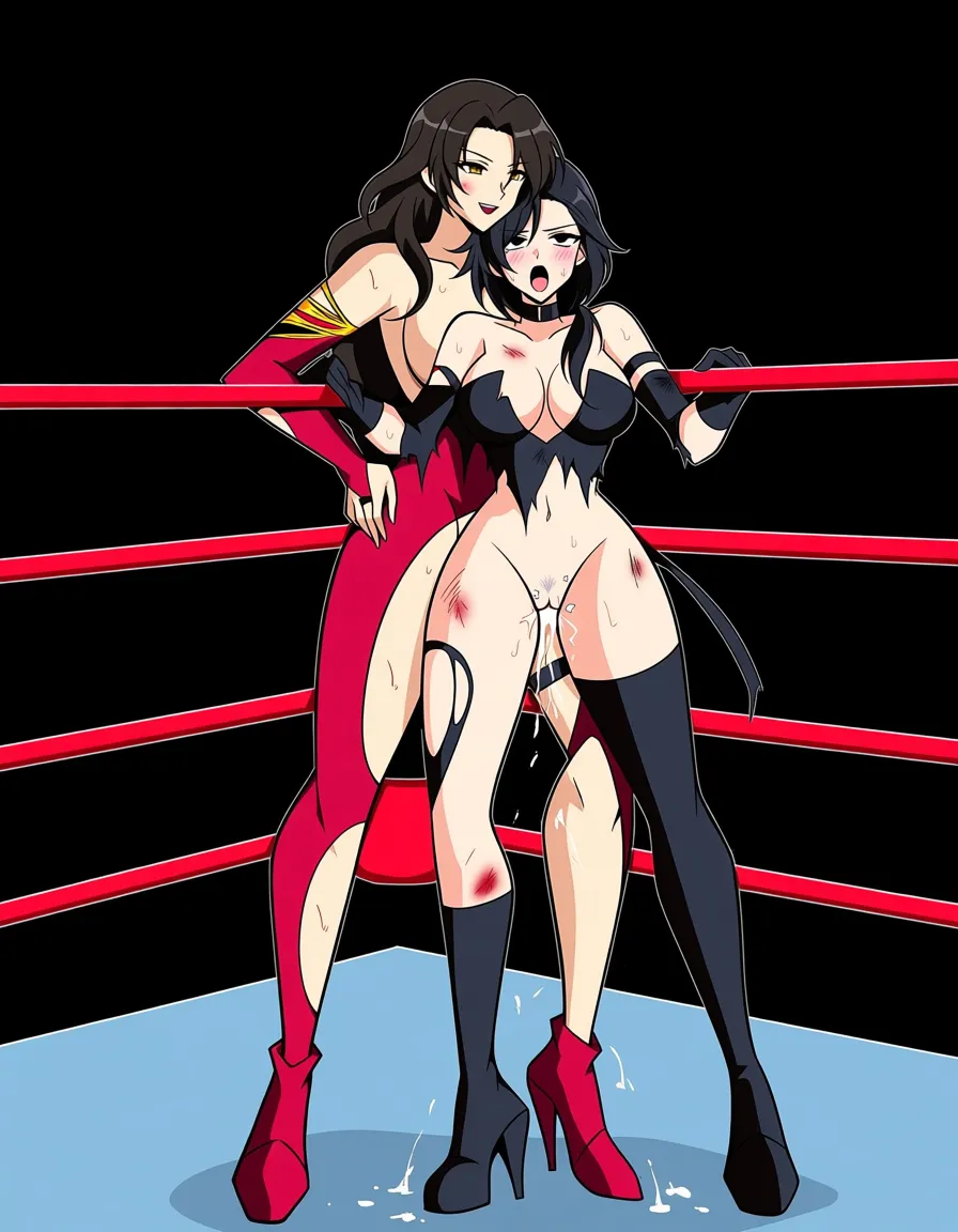 Cinder_fall_(rwby) , @sailor_jupiter  , 2girls yuri sex , wrestling_ring, wrestling orgasm pussy_juice, defeated, squirting , bruised, torn_clothes sweat from_side strap-on evil_smile vaginal confetti, hentai_studio_quality, hentai_studio_quality