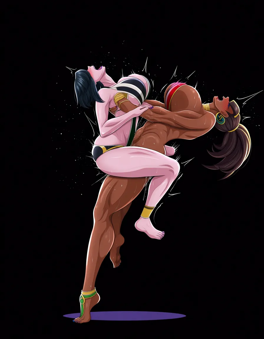 2girls , yuri standing sex , wrestling_ring , maleficent evil_smile , urbosa nude straining , orgasm squirting, straddling_face, hentai_studio_quality