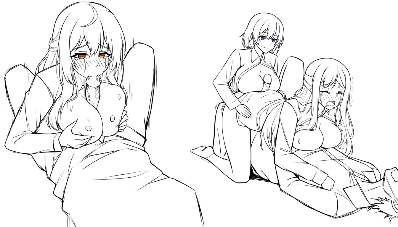2girls, cowgirl_position, paizuri, breasts_out, partially_unbuttoned, fellatio, multiple_boys,  @frieren sitting on the floor giving fellatio while crying and riding a second man cowgirl_position. @fern_(sousou_no_frieren) is sitting beside her giving paizuri to another man and also riding a man cowgirl_position.