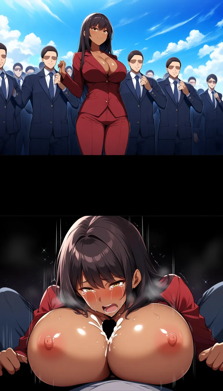 multiple_views, 1girl, multiple_boys, dark-skinned_female, large_breasts, school_uniform, tight_clothes, embarrased, outdoors. First scene: standing, confident, clothed, surrounded. Second scene: breasts out, on_back, paizuri, moaning, submissive, hands_up, cum, crying.
Hentai, hentai_studio_quality, hentai_studio_quality, hentai_studio_quality