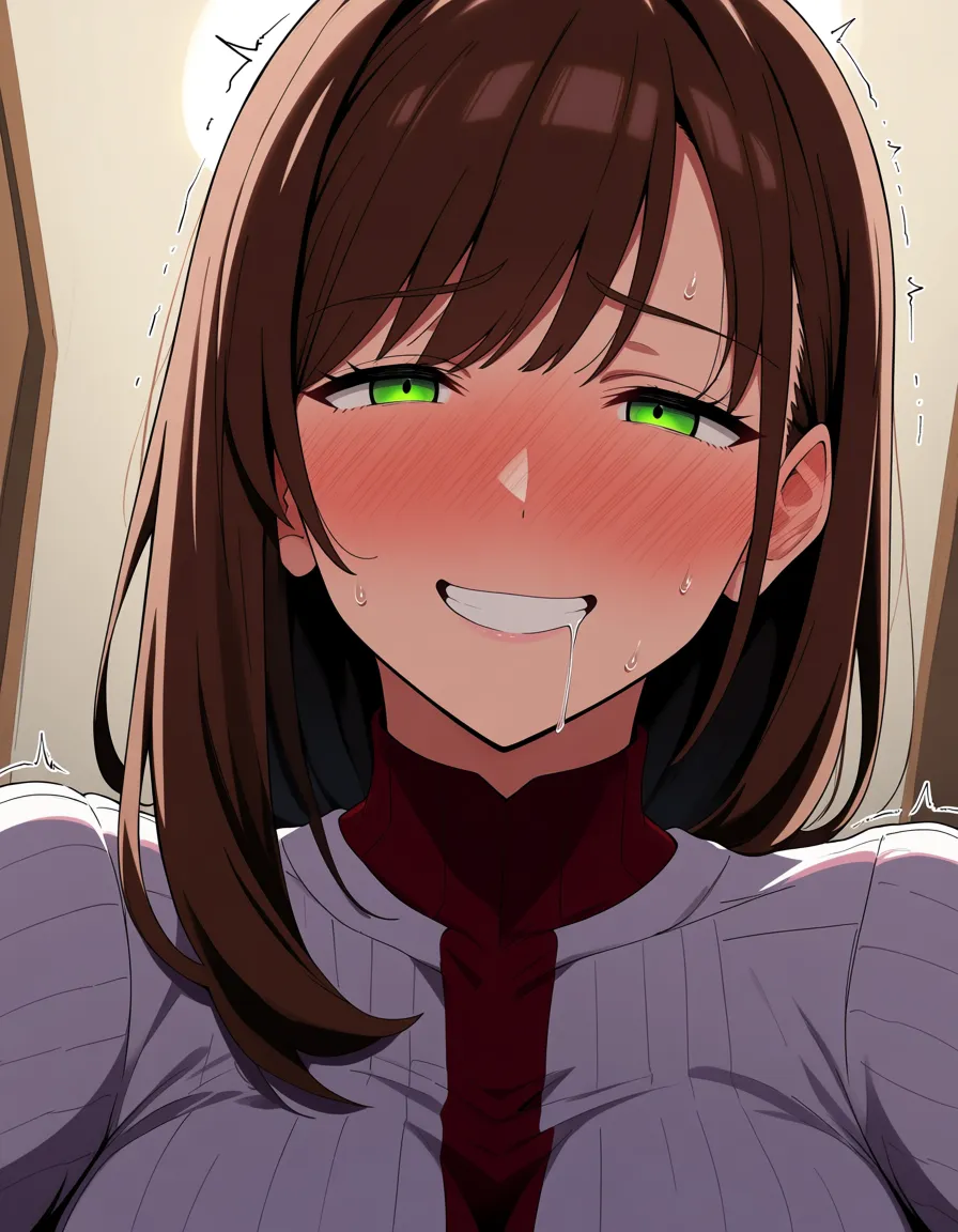 green_eyes blunt_bangs brown_hair long_hair mature_female milf blushing nervous_sweating trembling drooling smiling, trying not to masturbate through her clothing, hentai_studio_quality