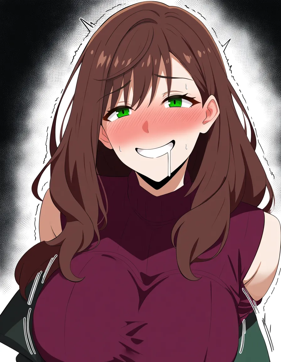 green_eyes blunt_bangs brown_hair long_hair mature_female milf blushing nervous_sweating trembling drooling smiling, trying not to masturbate through her clothing, hentai_studio_quality, hentai_studio_quality, hentai_studio_quality, hentai_studio_quality, hentai_studio_quality