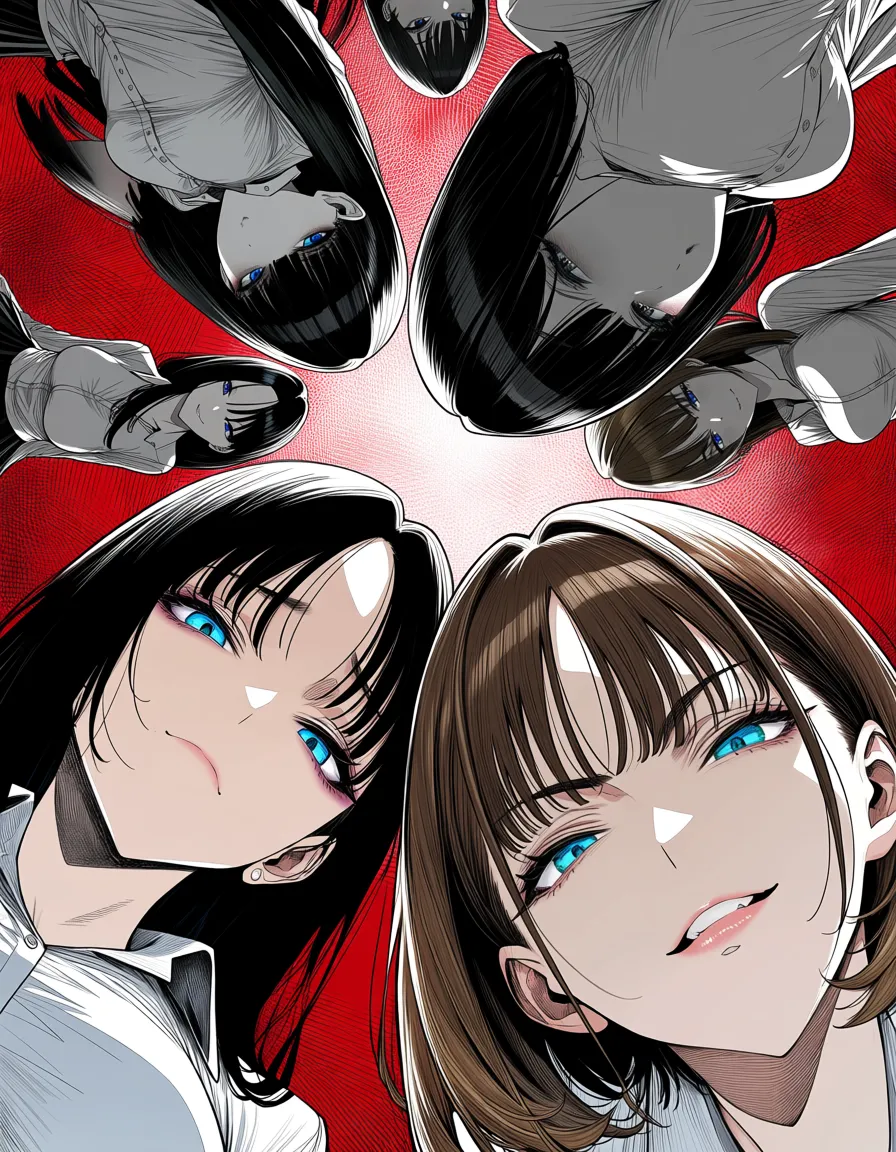 masterpiece, best quality, 6+girls, shirt, bent over, lustful eyes, from below, detailed shading, hentai_studio_quality