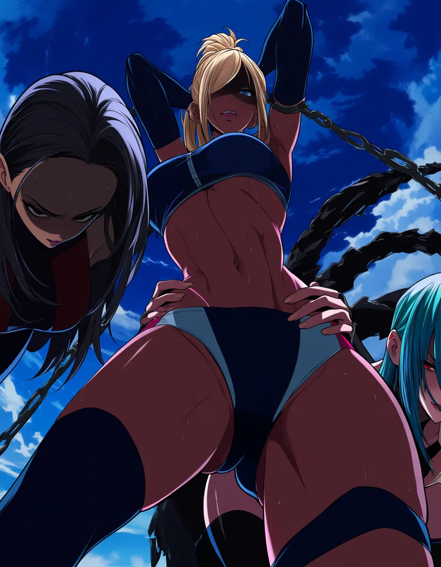 ultra detailed shading, 3girls, athletic build, elbow gloves, bondage, cloudy sky, dominant stare, hentai, doggystyle, hentai_studio_quality