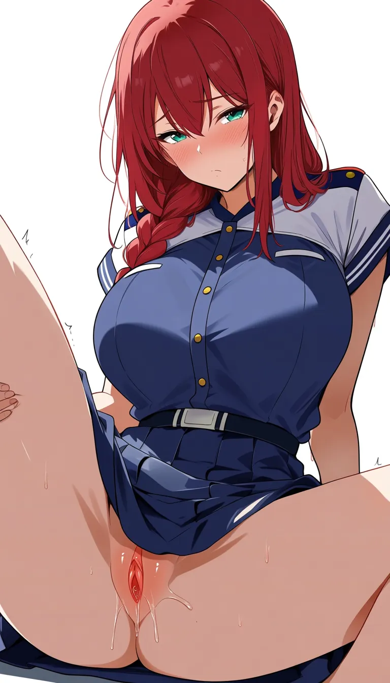 masterpiece, clean art, a highschool girl, long redhair, big boobs, spread legs, athletic build, braid, soft cel shading, no panties, wet vagina, uniform, stroking wet pussy, hentai_studio_quality