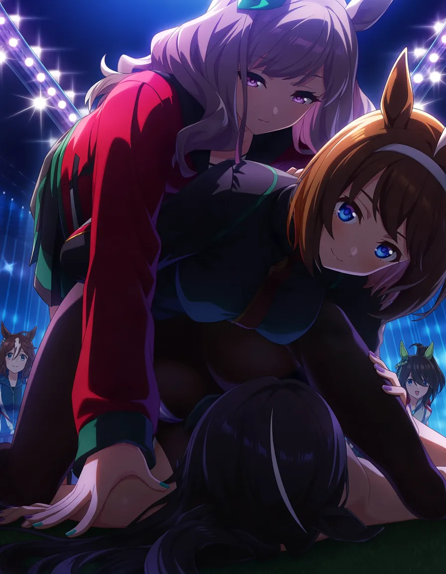 highres, vivid, 5girls, 69 position, horse ears, swept bangs, anime style, hentai_studio_quality
