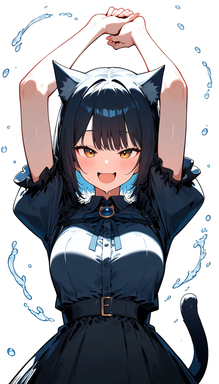 masterpiece, best quality, catgirl, arms up, puffy sleeves, squirting, water, playful expression, doujin style