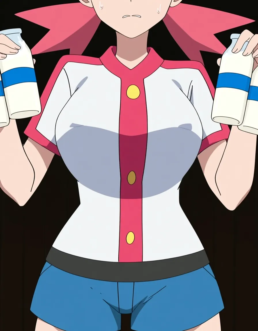 Pokemon series: Whitney, gym leader of the Goldenrod City gym in the Johto region- white buttoned shirt with pink vertical stripe, pink hair, blue short shorts, etc. She's in the outfit she normally wears in the series. Her face is nervous. The sides of her breasts are exposed, the nipples hidden behind milk bottles she's holding up to them., (anime style:1.3), 2d, anime screencap, cel shading, flat color