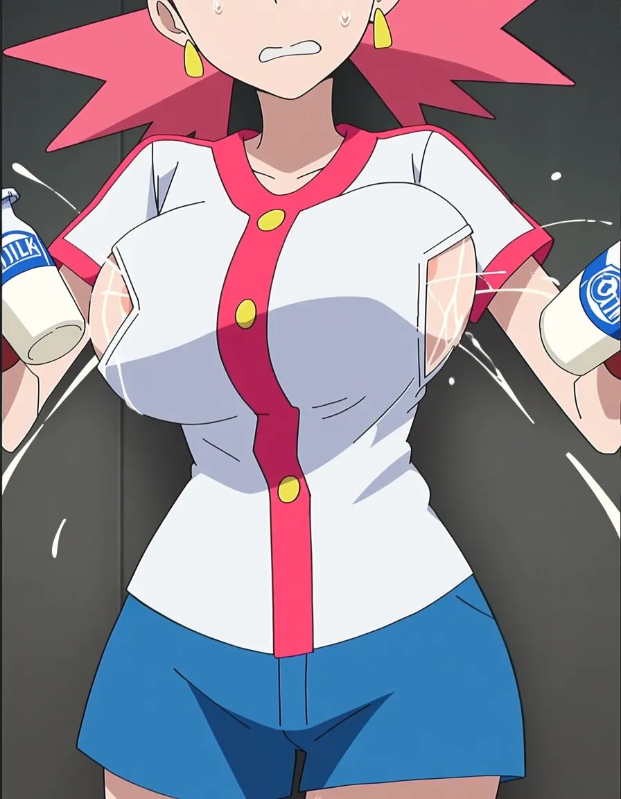 Pokemon series: Whitney, gym leader of the Goldenrod City gym in the Johto region- white buttoned shirt with pink vertical stripe, pink hair, blue short shorts, etc. She's in the outfit she normally wears in the series. Her face is nervous. The sides of her breasts are exposed, and the breast part of her shirt is leaking while she holds up milk bottles near them., (anime style:1.3), 2d, anime screencap, cel shading, flat color
