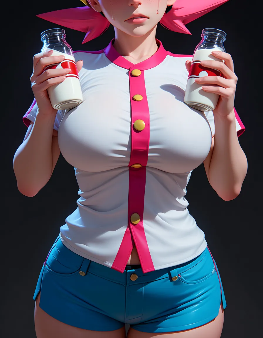 Pokemon series: Whitney, gym leader of the Goldenrod City gym in the Johto region- white buttoned shirt with pink vertical stripe, pink hair, blue short shorts, etc. She's in the outfit she normally wears in the series. Her face is nervous. She's holding empty milk bottles up to her half-exposed breasts., score_9, score_8, 3d render, octane render, subsurface scattering, ray tracing, smooth shading