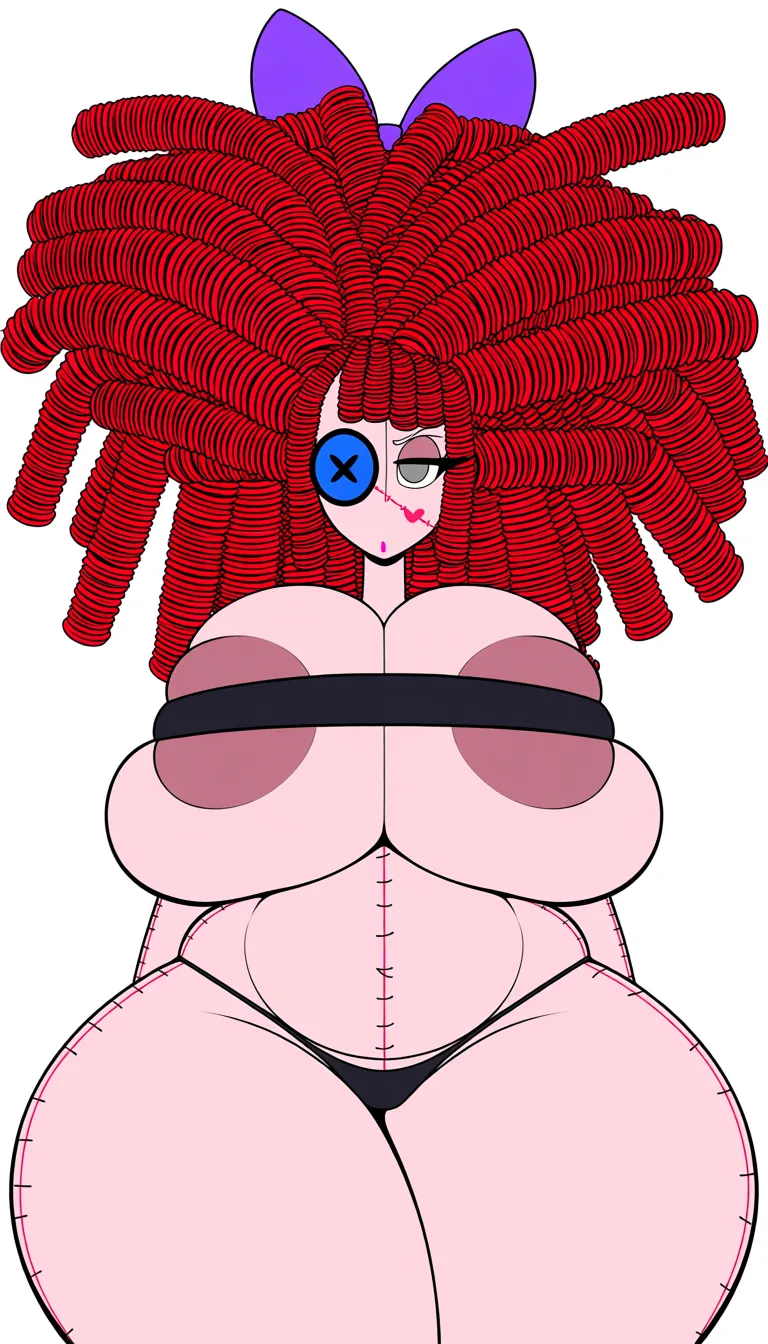 a sexy hot woman with fat gigantic boobs and ass,Ragatha from The Amazing Digital Circus, exact character design, huge tits with detailed areolas, oversized lavender bow on top of the head, bright red yarn hair made of thick curled ringlets, multiple large spiral curls framing the face, short curled ends at the sides, one oversized blue button eye stitched over the left eye, one large expressive gray eye, small pink triangle nose, stitched seams running along both arms,21-year‑old,THICCC boobs and ass,she is a hot mommy, she has a BBL,she is a 1000000000000/10 baddie , ,1000000% fan service, ((Gigantic boobs)) Maximum breast size,((Gigantic ass)) Maximum ass size,she has a fuck me body,6'1 height,thicc,she looks very very thicc,she looks very very sexy , thicc,one for one original Art Style of voicedbarley, wide hips and very thick juicy thighs. thick ass, thick ass legs,She has hyper exaggerated curves,huge hyper boobs,wide curvy hips, thicc plush thighs, plump bubble butt, NSFW 🔞,Wearing a tiny black tube top over a tiny black thong in her college dorm.