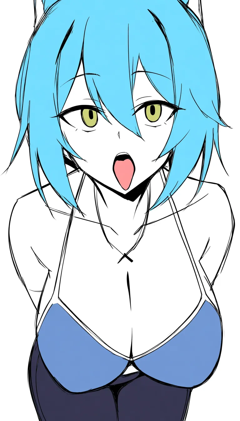 fellatio, big breasts_out , blue hair,