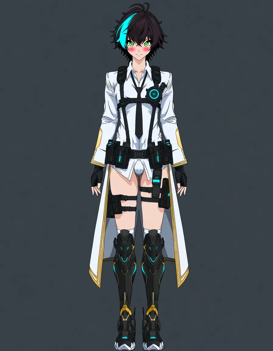 beautiful young man with femboy features, delicate androgynous face, sharp yet soft facial structure, large expressive hazel-green eyes, fair smooth skin, messy layered black hair with a prominent glowing cyan/blue streak on the left side, slender and elegant build with slim waist and subtle feminine curves,
wearing a futuristic white long coat with gold trim and accents, black tactical harness and straps crossing his chest, white dress shirt underneath with a loose black tie, multiple black utility belts with pouches and tech devices around the waist, black fingerless gloves, black high-tech knee guards with glowing blue details, thigh straps and additional pouches on the legs, a glowing cyan circular tech device on his chest, sleek black and gold armored elements, pinned, blush, suck cock, (anime style:1.3), 2d, anime screencap, cel shading, flat color, @00osamio00