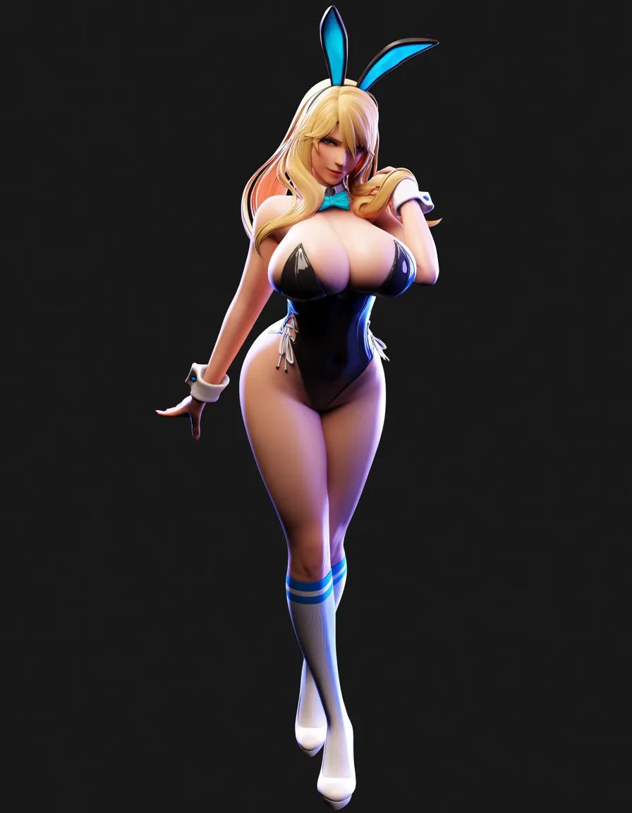 best quality, latex, huge_breasts, huge_ass, blonde_hair, long_hair, playboy_bunny, kneehighs, hentai_studio_quality,, score_9, score_8, 3d render, octane render, subsurface scattering, ray tracing, smooth shading