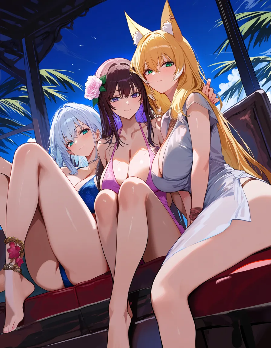 absurdres, highres, 3girls, animal ears, flower, spread legs, relaxed mood, visual novel art, hentai_studio_quality