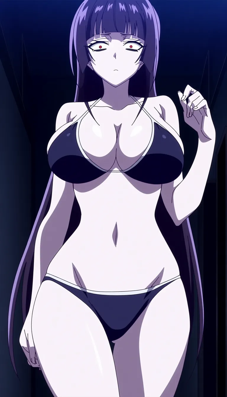 goth woman, face, slim fit, pale white skin tone, (large tits), hanging tits, saggy large breast, full bikini
