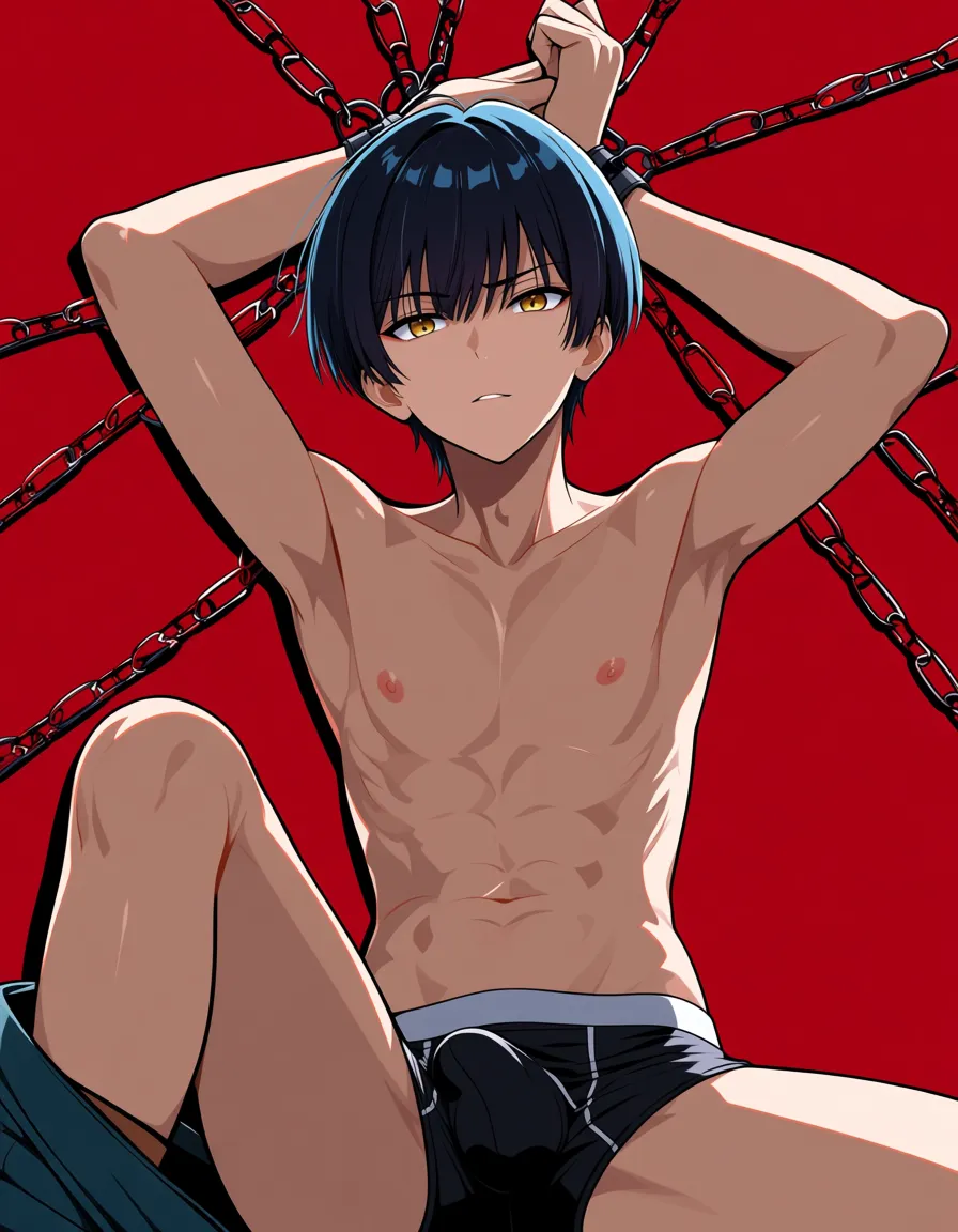 young man, slim yet masculine body, spread_legs, arms_up, bondage, underwear, short_hair, anime style, hentai_studio_quality