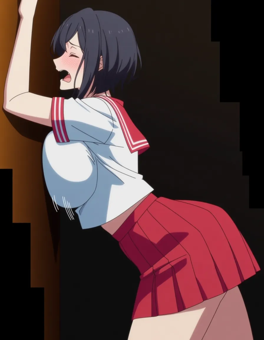 1woman, MILF bent against wall, posing, huge tits:1.6, round tits, black short hair, blushing, moaning, sailor outfit, skirt, motion_lines, breasts_focus, skindentation:1.6, clothed, breasts press,
(Artist: terasu mc),, (anime style:1.3), 2d, anime screencap, cel shading, flat color