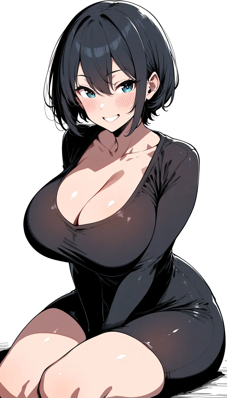 1girl sitting breast_press huge_ass breasts large_breasts blush smile short_hair curvy thighs thick_thighs wide_hips clothed_sex happy