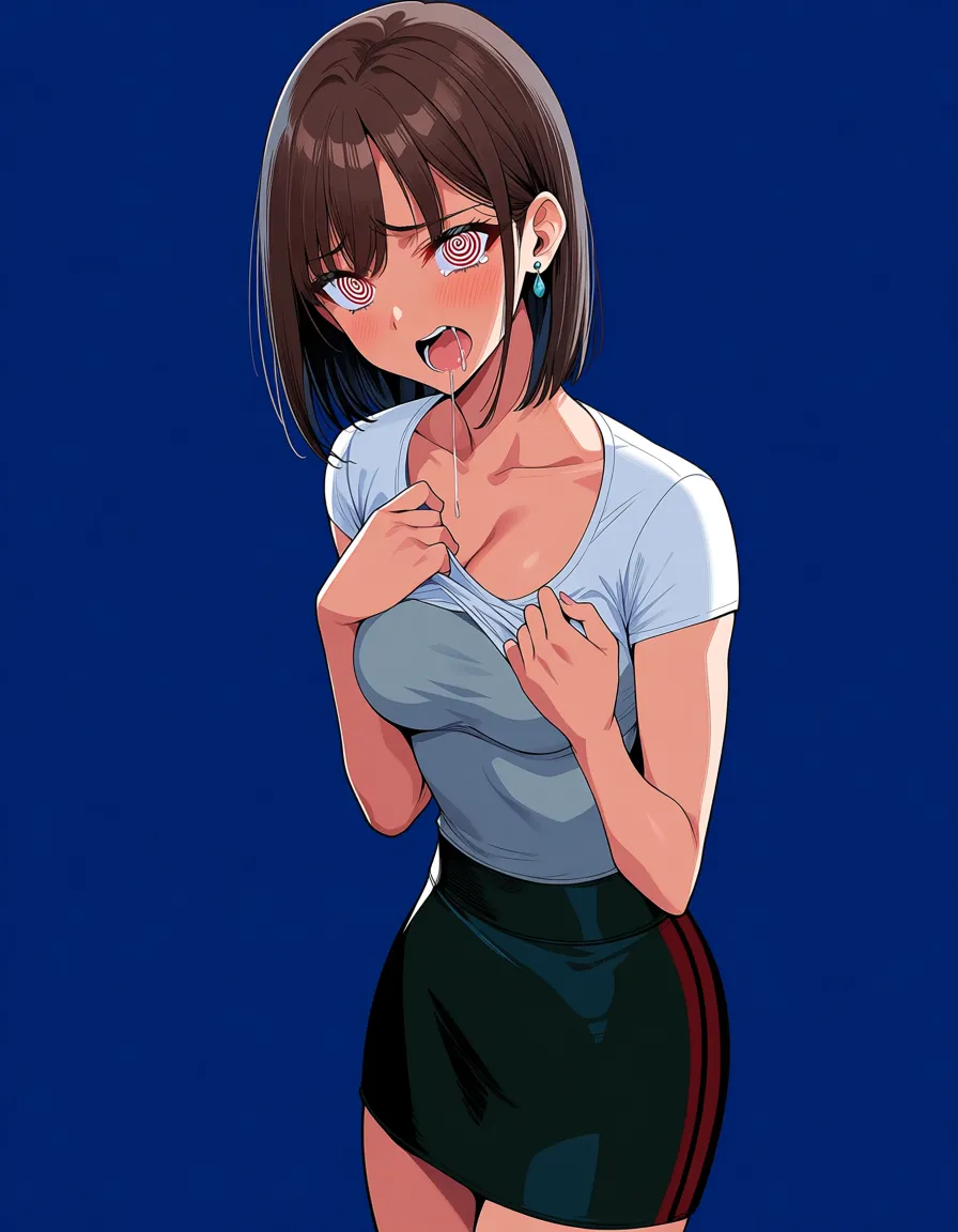 best quality, polished, fitness model, standing, earrings, facesitting, blue background, lustful eyes, vivid anime colors. school_uniform, 1girl. With her right hand, she tears at her shirt; with her left, her skirt; there are spirals in her eyes, and her mouth hangs slightly open, with saliva trickling from it., hentai_studio_quality