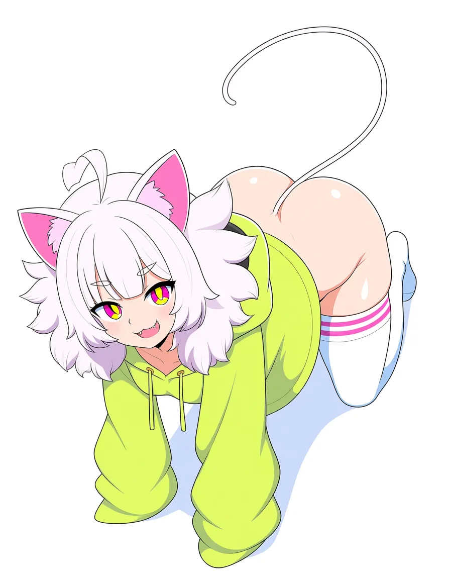 Cute anime-style catgirl with fluffy white hair, pink cat ears, and large pink-and-yellow eyes. She wears an oversized lime-green hoodie and white thigh-high stockings with pink bands, huge_ass, no panties, playfully crawling on the floor with a mischievous expression. A thin cat tail curls upward behind her. Soft pastel colors, clean line art, adorable playful aesthetic., hentai_studio_quality
