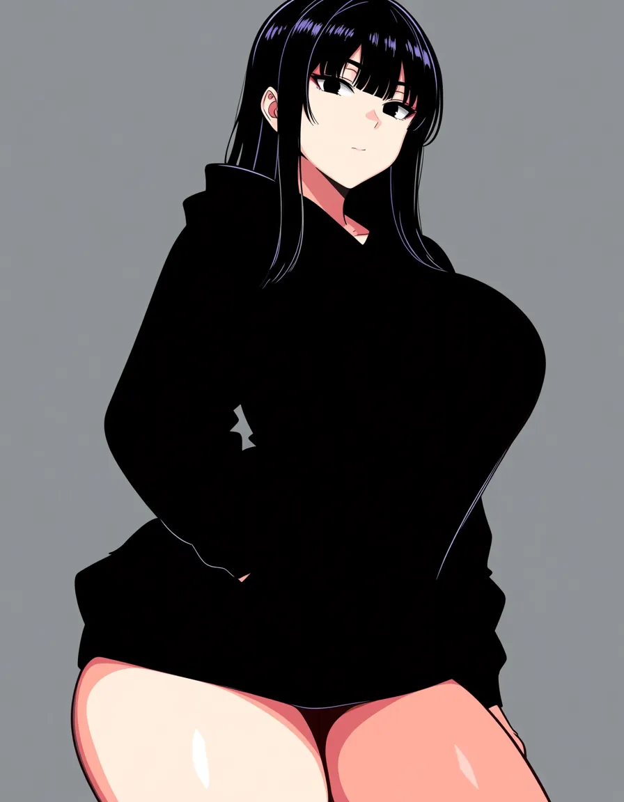 1girl black_hair black eyes Straight hair black_hoodie huge_breasts The thighs, hentai_studio_quality