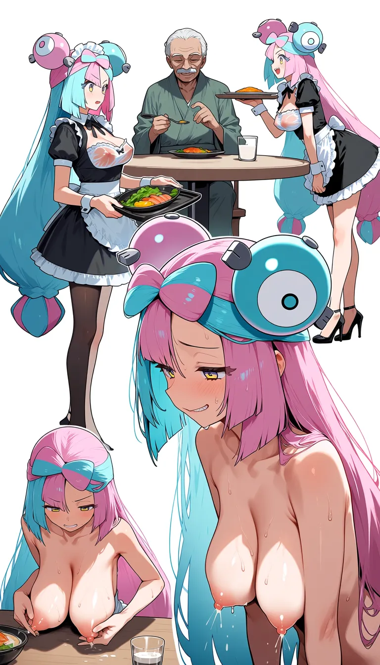 masterpiece, best quality, ultra detailed, 8k, highres, 1girl, iono \(pokemon\), nanjamo, completely nude, naked, pink hair, long hair, two-tone hair, yellow eyes, narrow eyes, half-lidded eyes, jito eyes, medium large breasts, saggy breasts, hanging breasts, maid outfit, french maid dress, black maid dress, white frills, pink frills, frilly apron, maid headband, maid outfit on iono, iono's outfit, sweaty body, glistening skin, sweat drops, wet clothes, clothes soaked with sweat, translucent clothes, see-through clothes, sheer fabric, breasts visible through clothes, clear nipple outline through wet fabric, more prominent through-clothes breast visibility, old man sitting at table, old man sitting on chair, old man at table, iono holding tray, carrying tray, carrying cooking ingredients, tray with ingredients, bringing ingredients, delivering meal, old man holding glass, old man rubbing breast, breast milking, squeezing breast, milking breast, little breast milk, breast milk, breast milk in glass, breast
