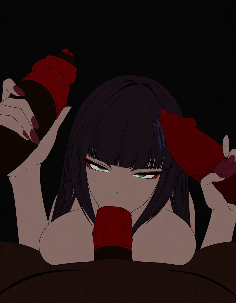 @shantae, merunyaa_artstyle, 1girl, 3boys, hair_down, medium_breasts, naughty_face, condom, used_condom_on_penis, multiple_penises, group_sex, handjob, fellatio, from_above, pov, (anime style:1.3), 2d, anime screencap, cel shading, flat color, @00osamio00