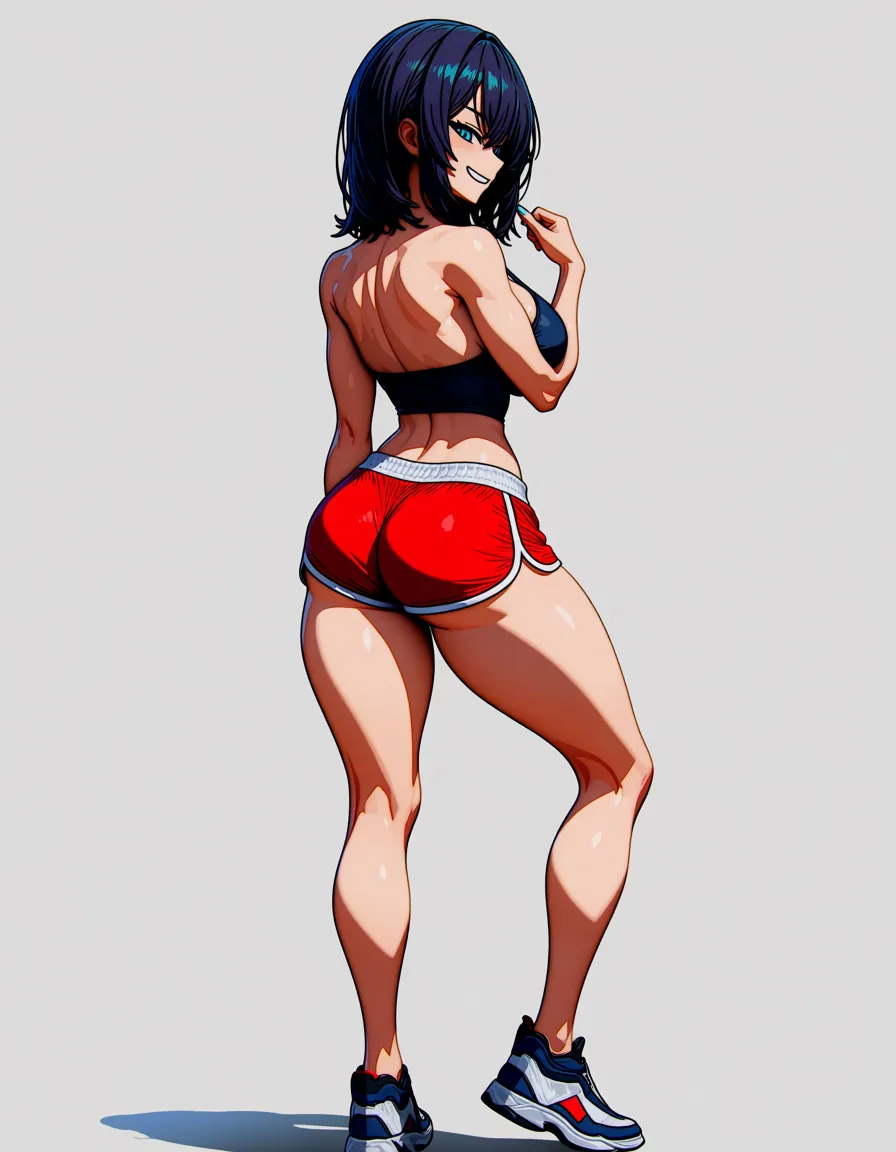 1girl, solo, @kasane_teto, akairiot_artstyle, ass, dolphin_shorts, red_shorts, naughty_face, standing, full_body, from_behind, hentai_studio_quality