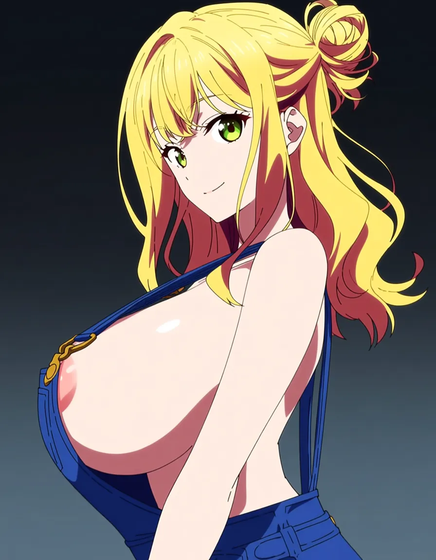 best quality, polished, gradient background, vivid colors, blonde medium length wavy hair in messy bun,  smiling, wearing bib overalls, no shirt, 
Huge breasts, nipples peaking out, side view, (anime style:1.3), 2d, anime screencap, cel shading, flat color, hentai_studio_quality