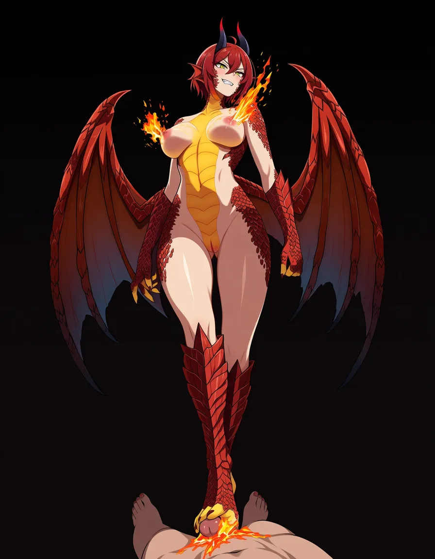 masterpiece, clean art, dragon_girl, scales, barefoot, sharp_teeth, spread_legs, spiting fire, nipple_stimulation, footjob, pussy_juice, volcano,, hentai_studio_quality
