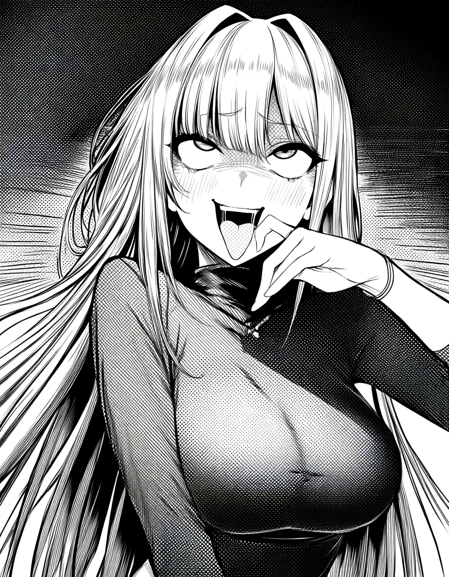 ultra detailed shading, female focus, long sleeves, ahegao, playful expression, manga panel look, hentai_studio_quality
