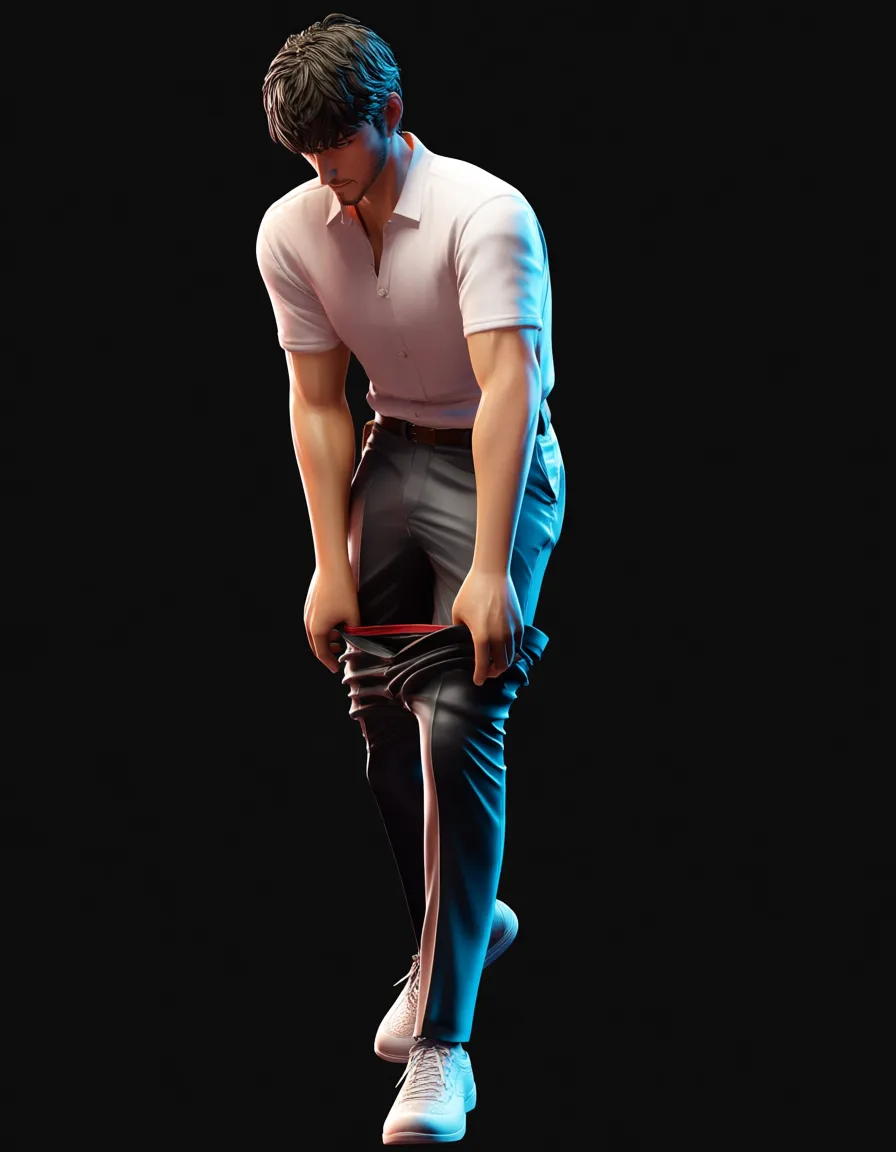 shy masculine man is ordered by milf nurse to drop his pants and boxers, score_9, score_8, 3d render, octane render, subsurface scattering, ray tracing, smooth shading