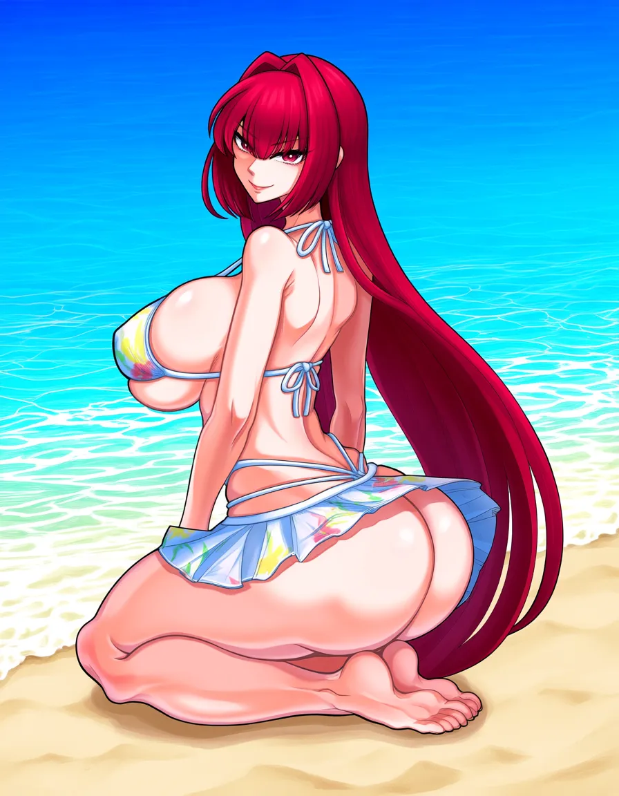 @boa_hancock, bikini_skirt, large_breasts, huge_ass, seiza, hands_on_own_chest, head_tilt, beach, hentai_studio_quality