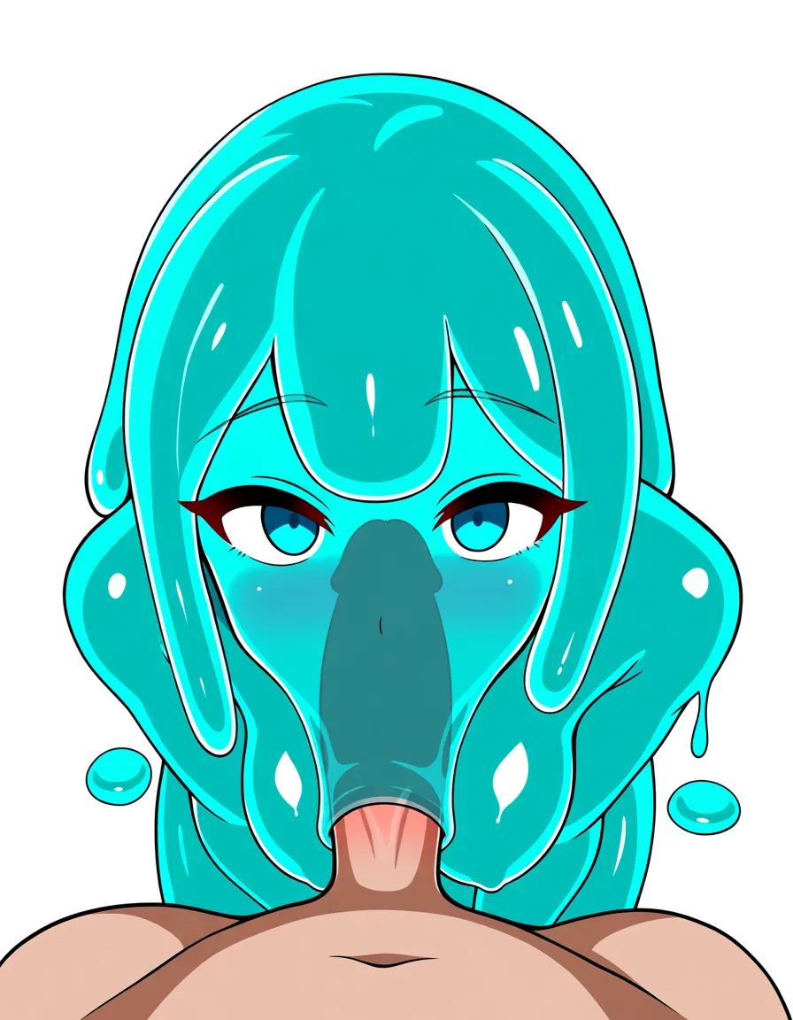 masterpiece, best quality, POV from above, looking down, 1girl, adult woman, slime girl, monster girl, translucent cyan blue slime body, glossy wet gel skin, long dripping slime hair, large pale blue anime eyes looking up at viewer, kneeling, fellatio, blowjob, penis in mouth, penis visible through translucent slime cheeks, x-ray see-through, 1boy, nude, explicit, simple white background, hentai_studio_quality