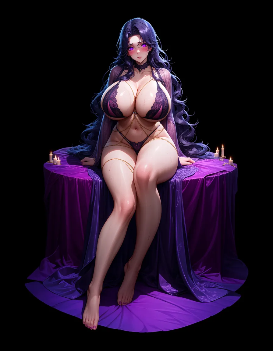 full body portrait 3:4, adult woman with long wavy deep purple hair and large glowing violet purple eyes, fair flushed sweaty skin, dark purple lace lingerie and sheer robe, gold body chains, extremely large heavy breasts, tiny waist, wide hips, thick thighs, sitting on purple silk bed beside open packing trunk, gothic bedroom candlelight, bittersweet farewell evening, explicit glossy 2.5D anime erotica, score_9, score_8, 3d render, octane render, subsurface scattering, ray tracing, smooth shading
