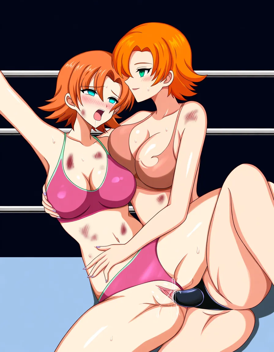 @sailor_uranus_blonde_hair short_hair , nora_valkyrie_(rwby)_orange_hair short_hair , 2girls yuri sex , wrestling_ring, wrestling orgasm pussy_juice, defeated, squirting , bruised, sweat from_side strap-on anal spooning_position on_floor on_side, hentai_studio_quality