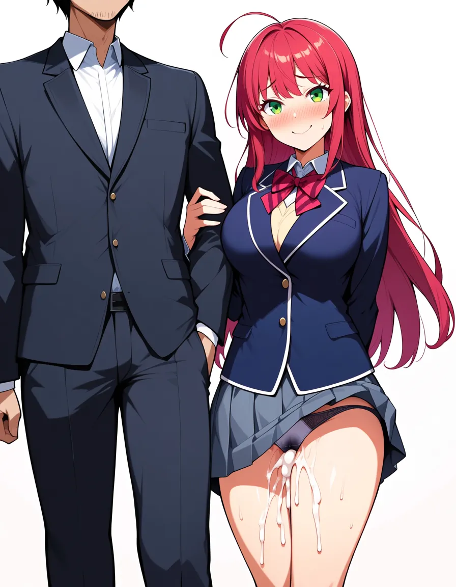 cute girl, standing in front her boyfriend, wearing outfit for dating, greet her boyfriend from her late meet, under her skirt hiding wet panties aftermath creampie from other than her boyfriend, dripping with white cum to her thigh, her boyfriend complete oblivious about inside her skirt, hentai_studio_quality