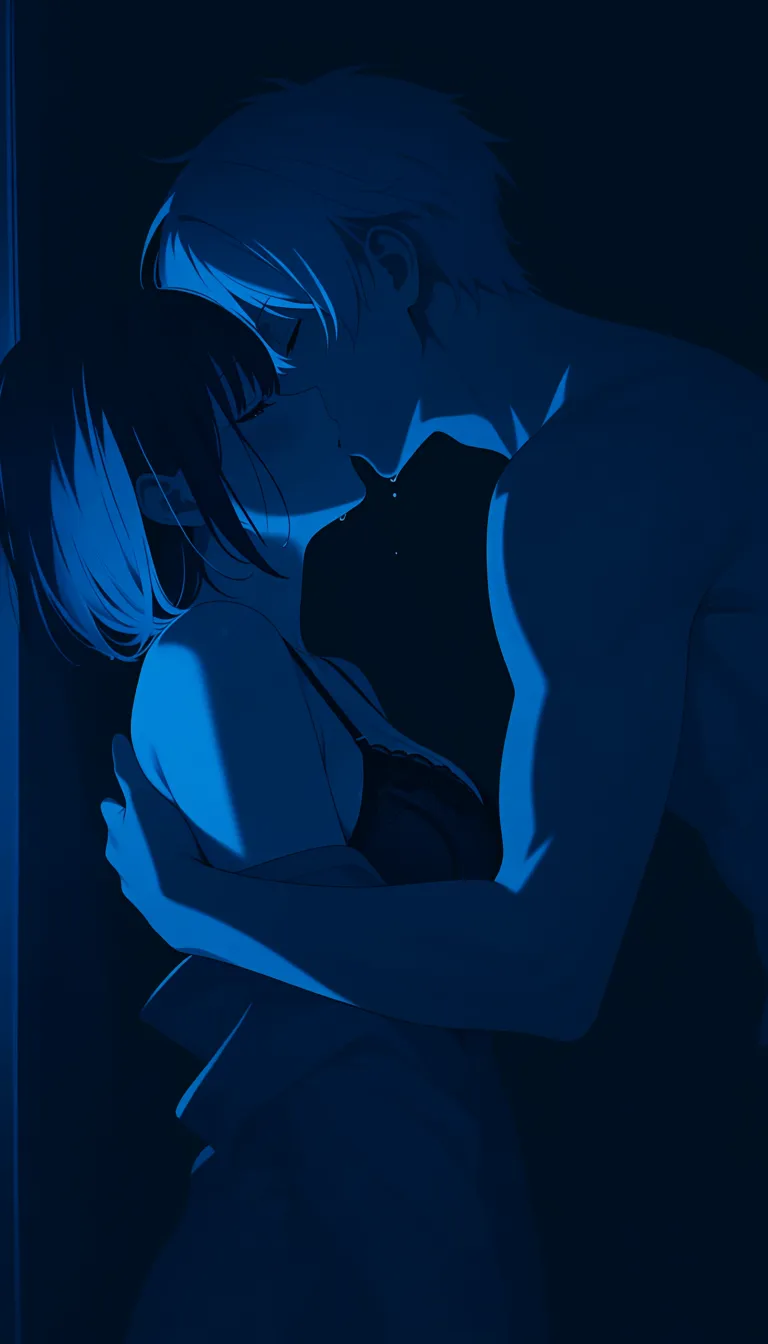 2d anime style, dark atmosphere, cyan blue lighting, short white hair androgynous boy and short black hair girl, intimate close-up kiss, undressing, lace bra, wet skin, line art, soft shadows, cinematic lighting, slow sensual motion, high detail