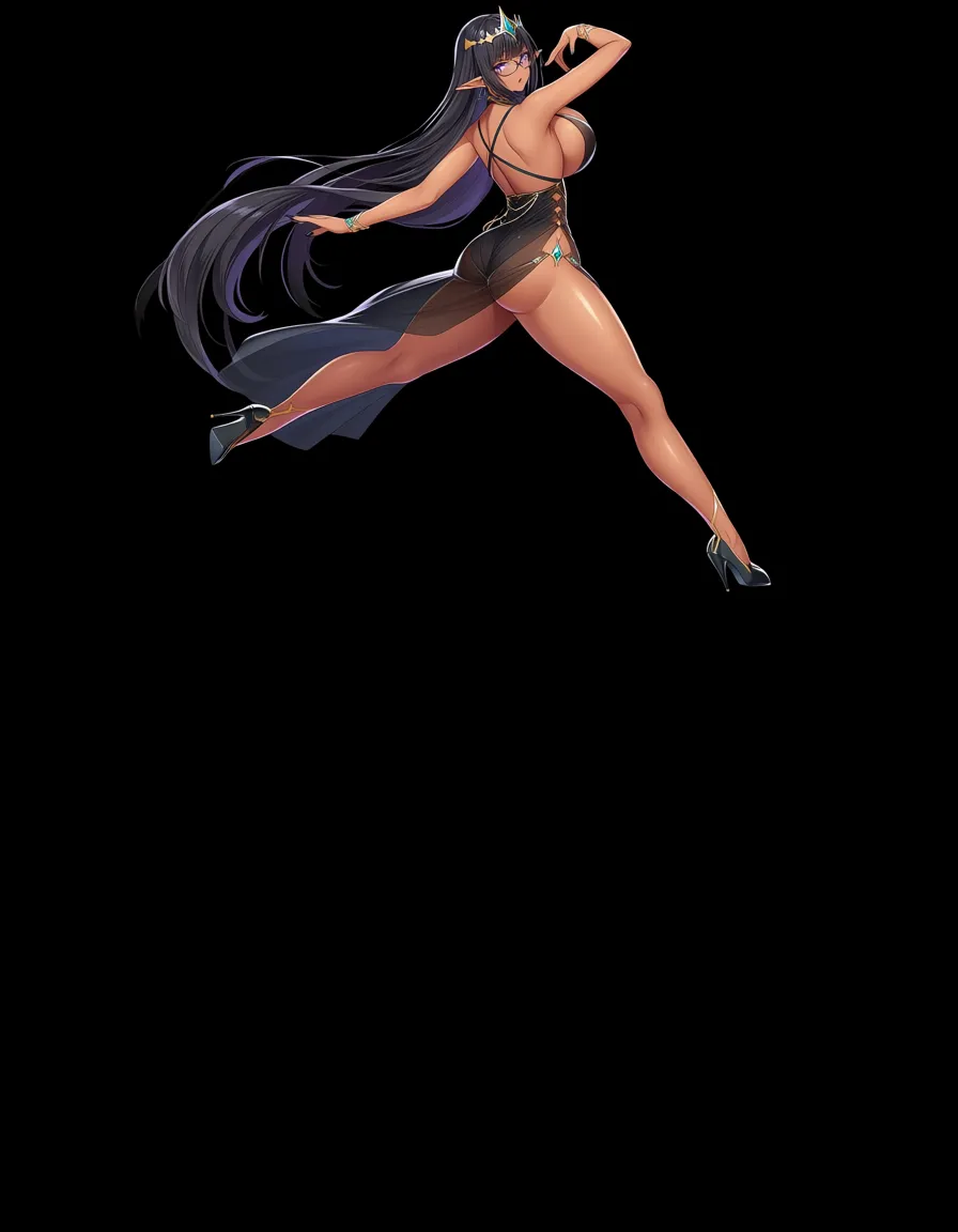 jewelry see-through_shirt ass_visible_through_thighs fantasy Girl. Japanese. black_dress dress , crown, elf . pointy_ears , black_hair, absurdly_long_hair, gigantic breasts. wide_hips thick_thighs,hentai_studio_quality, purple_eyes, dark-skinned_female,  huge_ass, thick_thighs, full_body  black_choker black_nails glasses lying sexually_suggestive, dancing, hentai_studio_quality